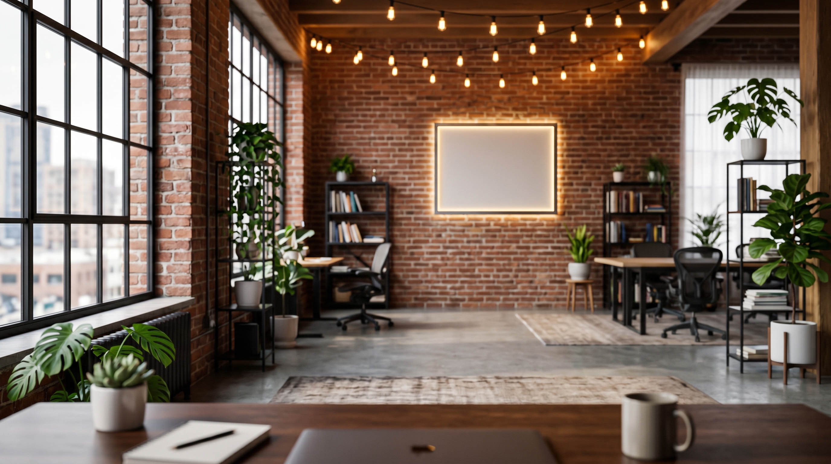 Brick Startup Loft — blank, then with a sample logo integrated