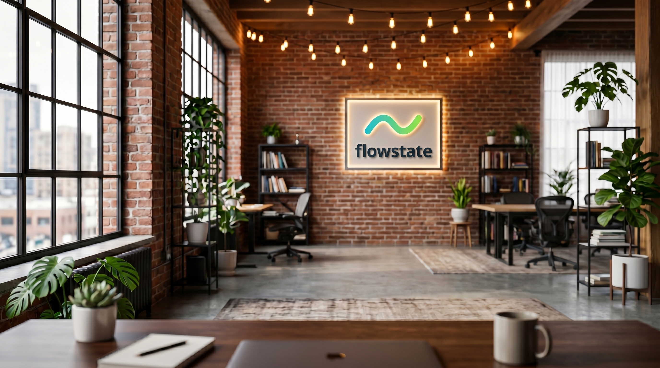Brick Startup Loft — blank, then with a sample logo integrated