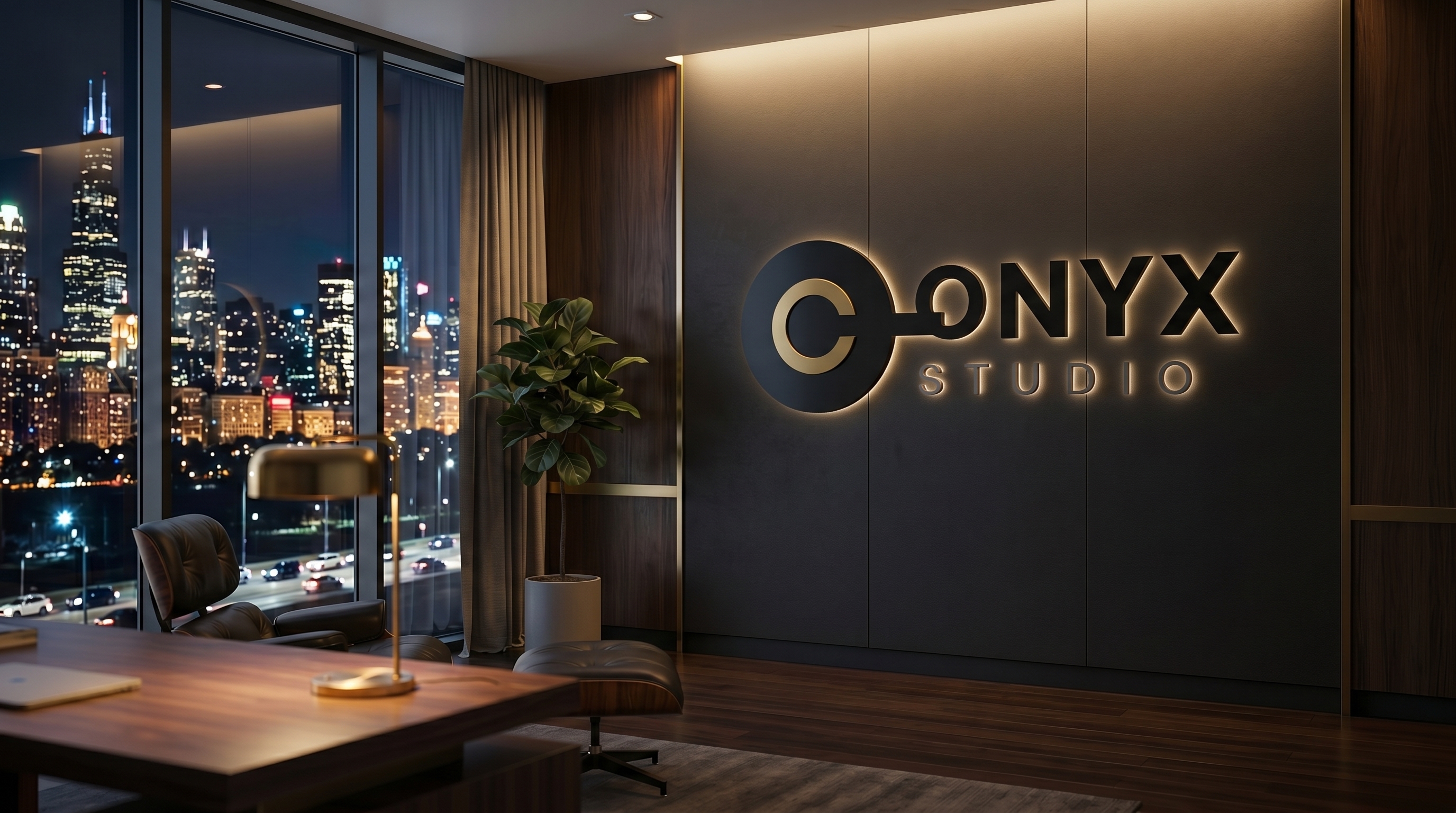 Urban Night Skyline Office with your logo rendered as signage