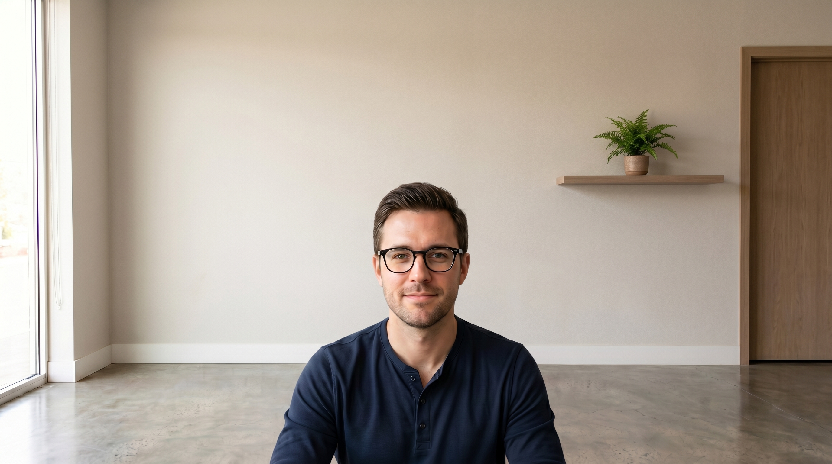 A person on a video call, White Brick Studio background off then on